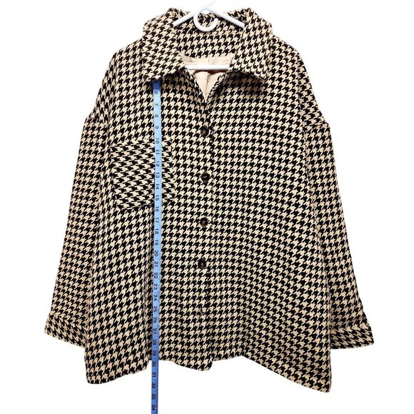 Houndstooth Button-Up Long Sleeve Coat Jacket 2XL Black & Beige - Picture 4 of 12